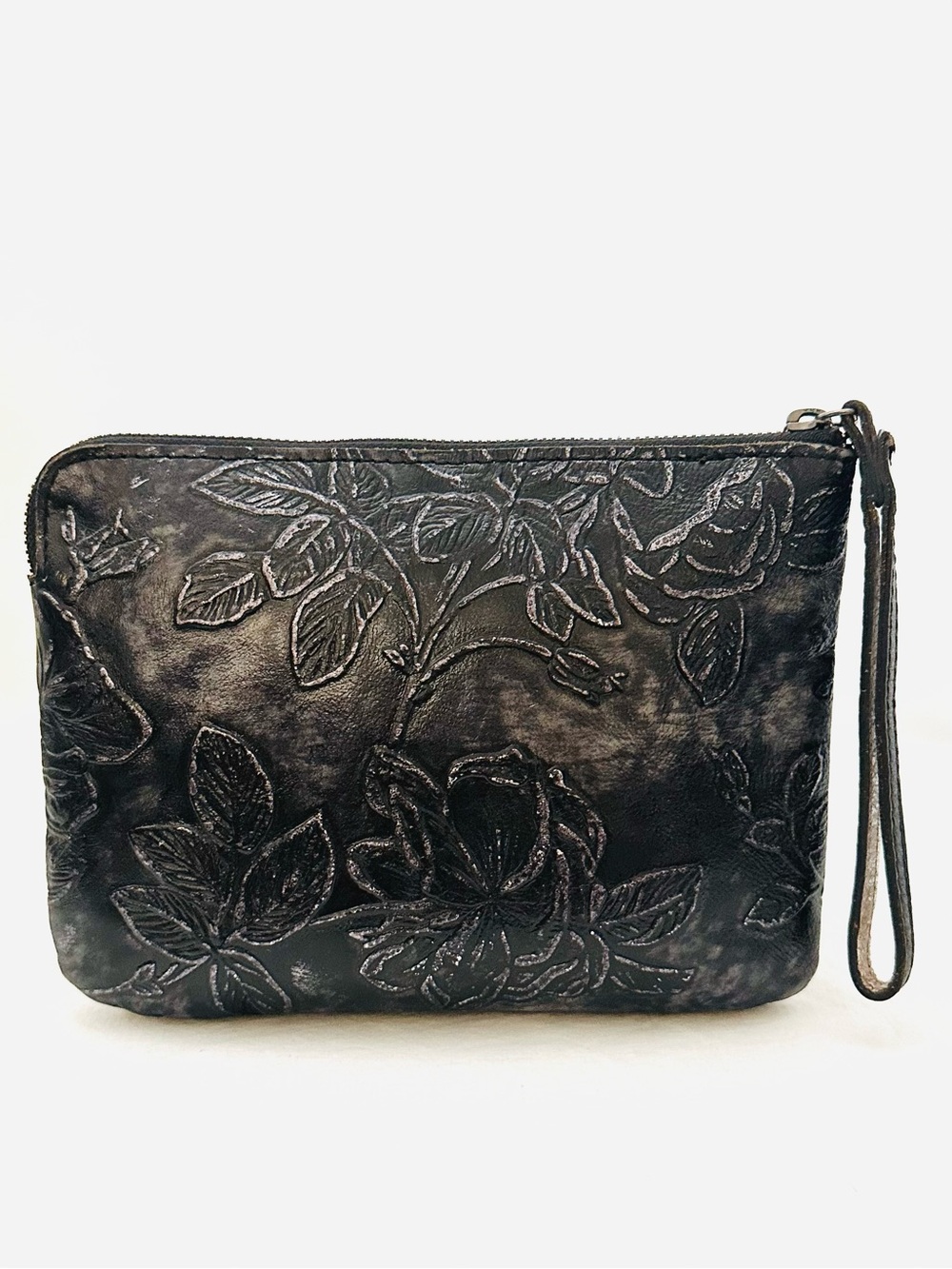 Patricia Nash Cassini Embossed Wristlet in Distressed Black Leather w/ Silver